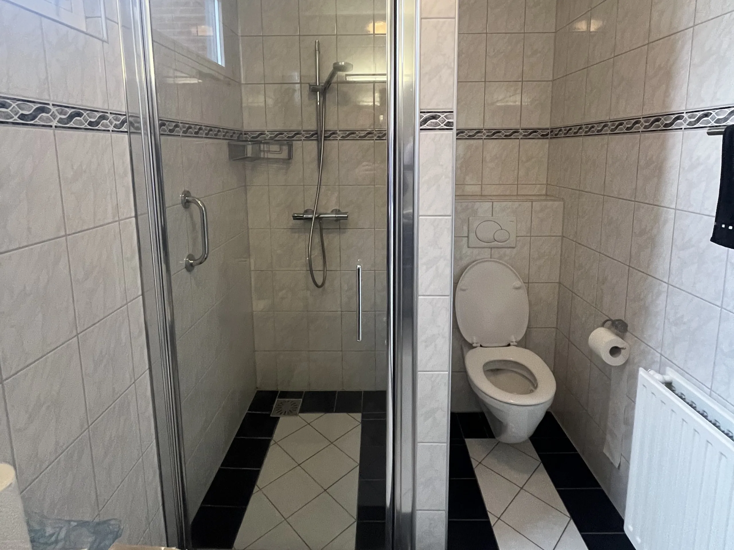 Voor de renovatie – Badkamer met blauwe accenten en inloopdouche met grijs rookglas