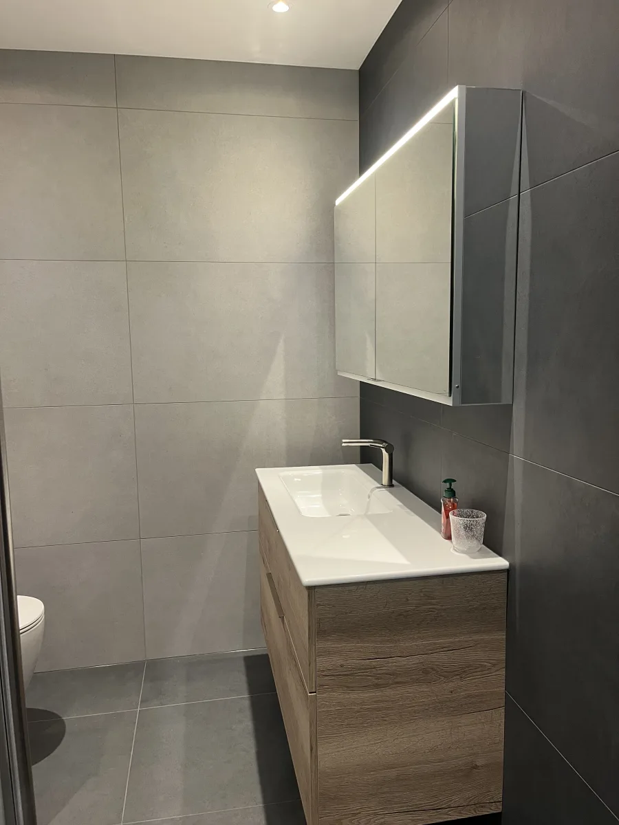 Badkamer licht & donker grijs – betonlook stijl – Veenendaal (foto 2)