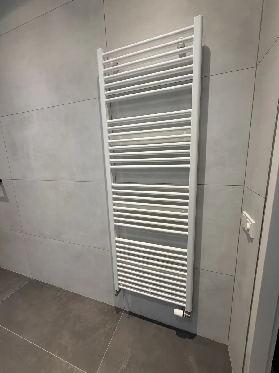 Rookglas, rvs-paal tot plafond en grote tegels: badkamer in Rhenen – modern stijl – Rhenen (foto 13)
