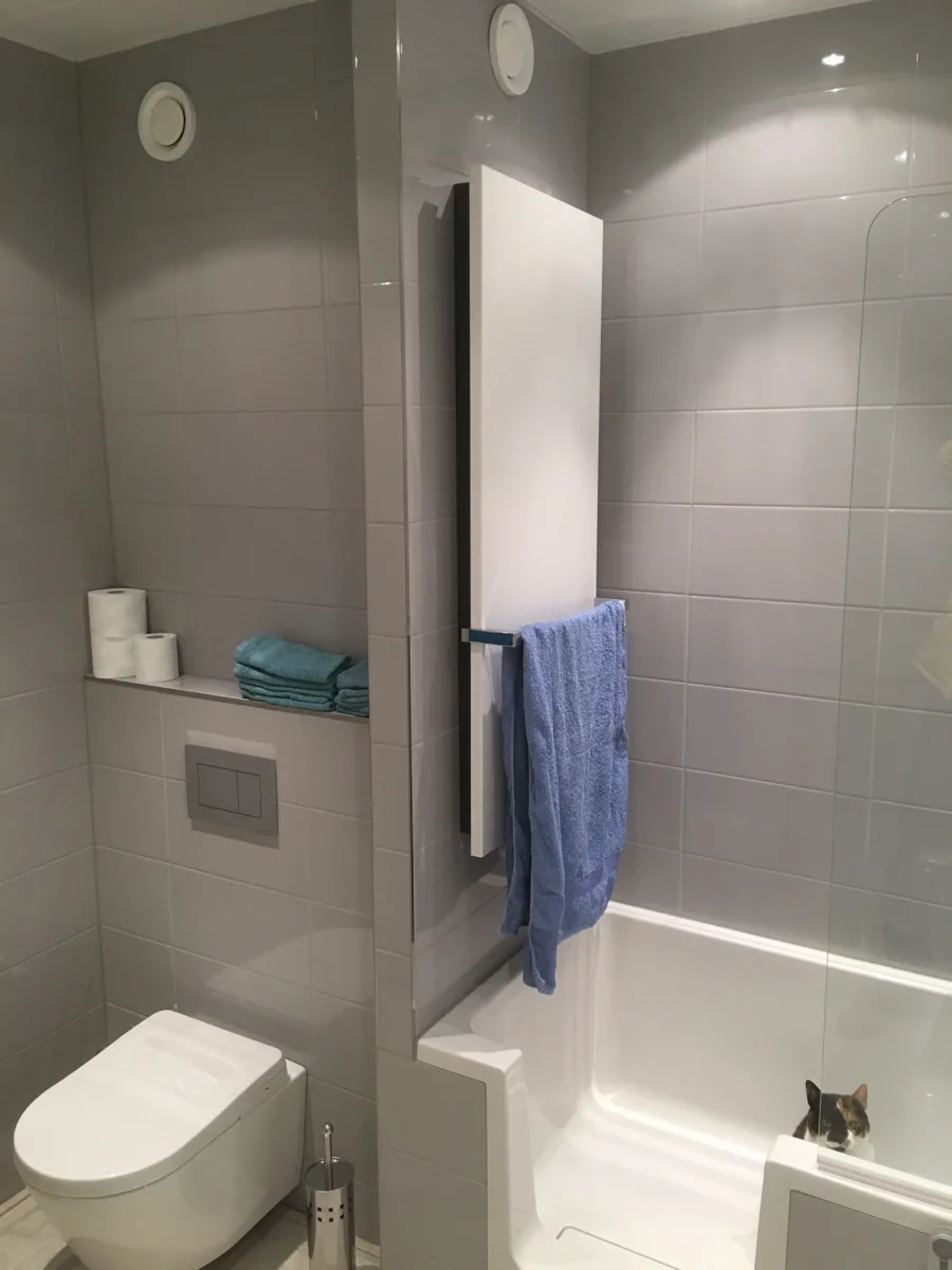 Badkamer met inloopbad-douche (bad met deur) – badkamers met hout stijl – Doorwerth