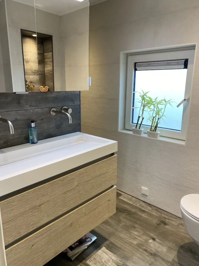Compacte badkamer met douchemuur – modern stijl – Ochten