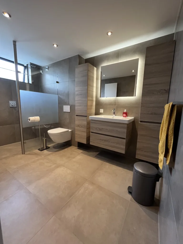 Badkamer greige – warmer gemaakt (was zwart-wit) – modern stijl – Elst