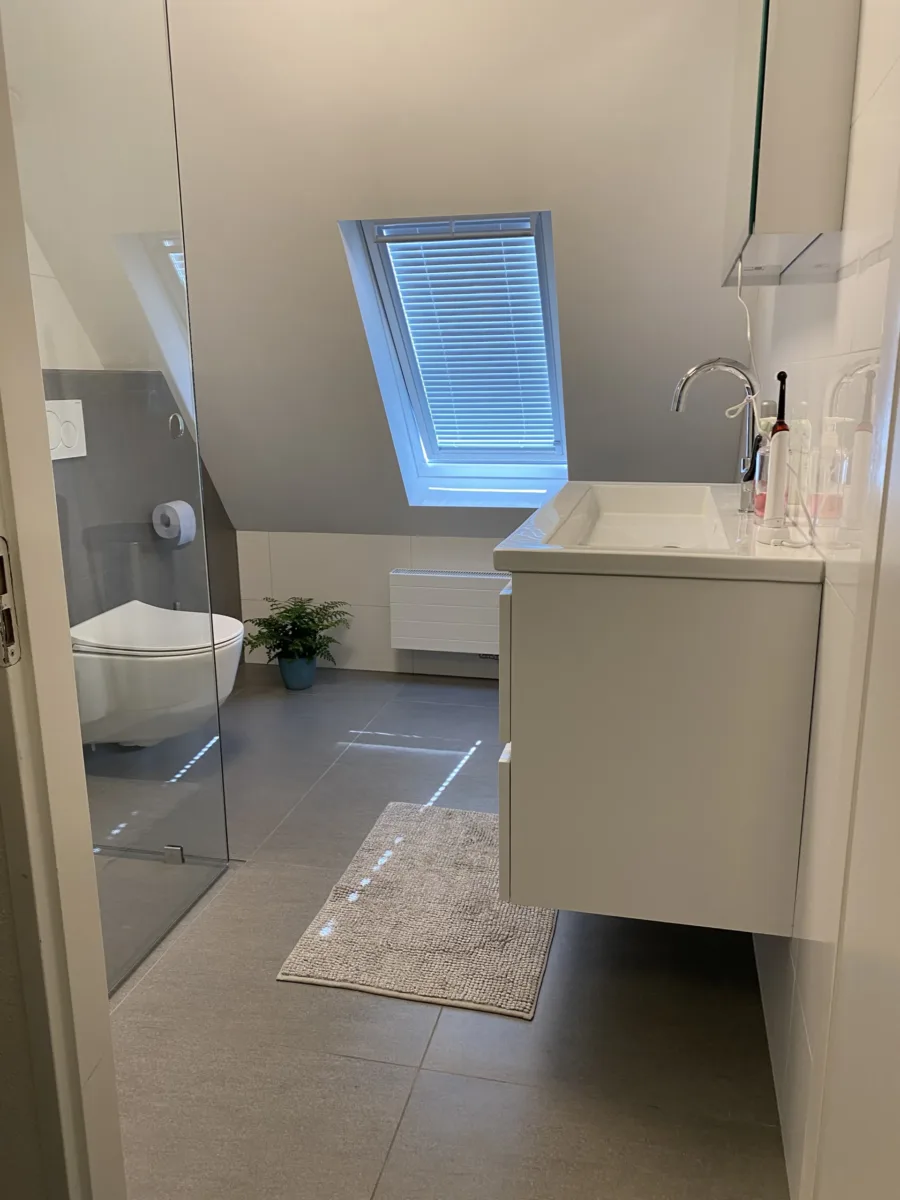 Badkamer met schuine kap en gastentoilet – modern stijl – Ede (foto 3)