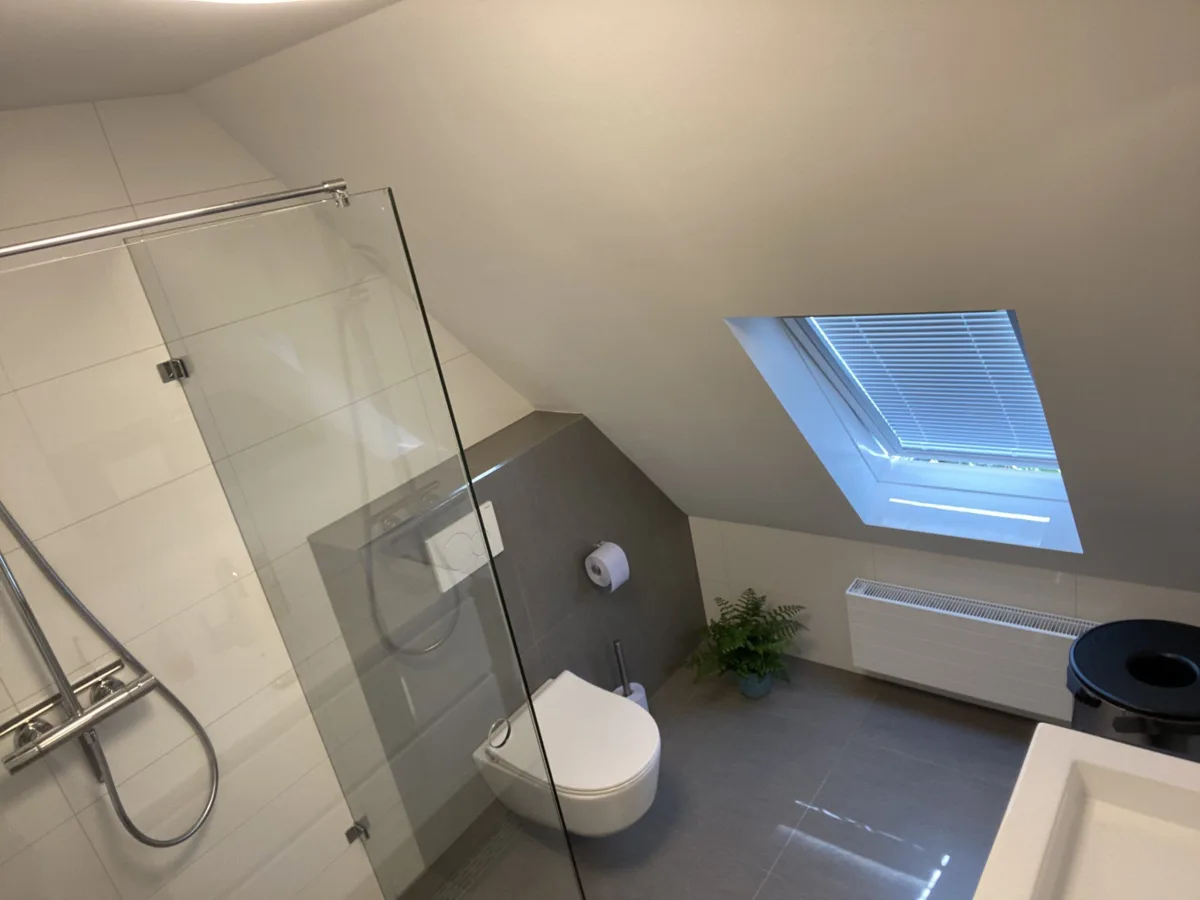 Badkamer met schuine kap en gastentoilet – modern stijl – Ede (foto 5)