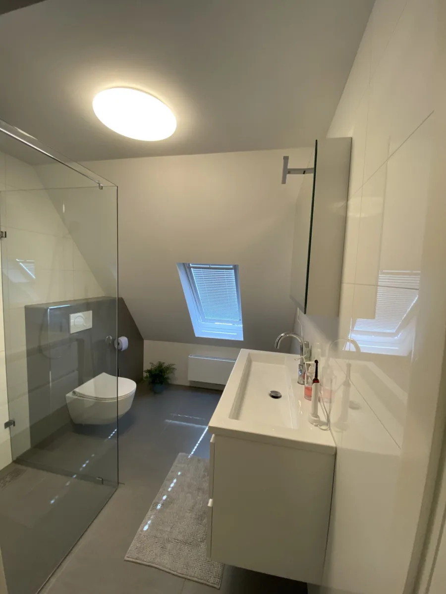 Badkamer met schuine kap en gastentoilet – modern stijl – Ede (foto 2)