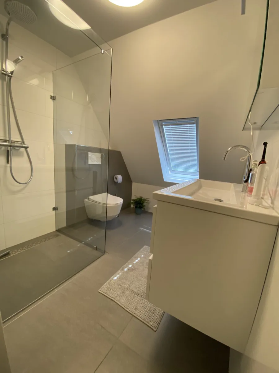 Badkamer met schuine kap en gastentoilet – modern stijl – Ede