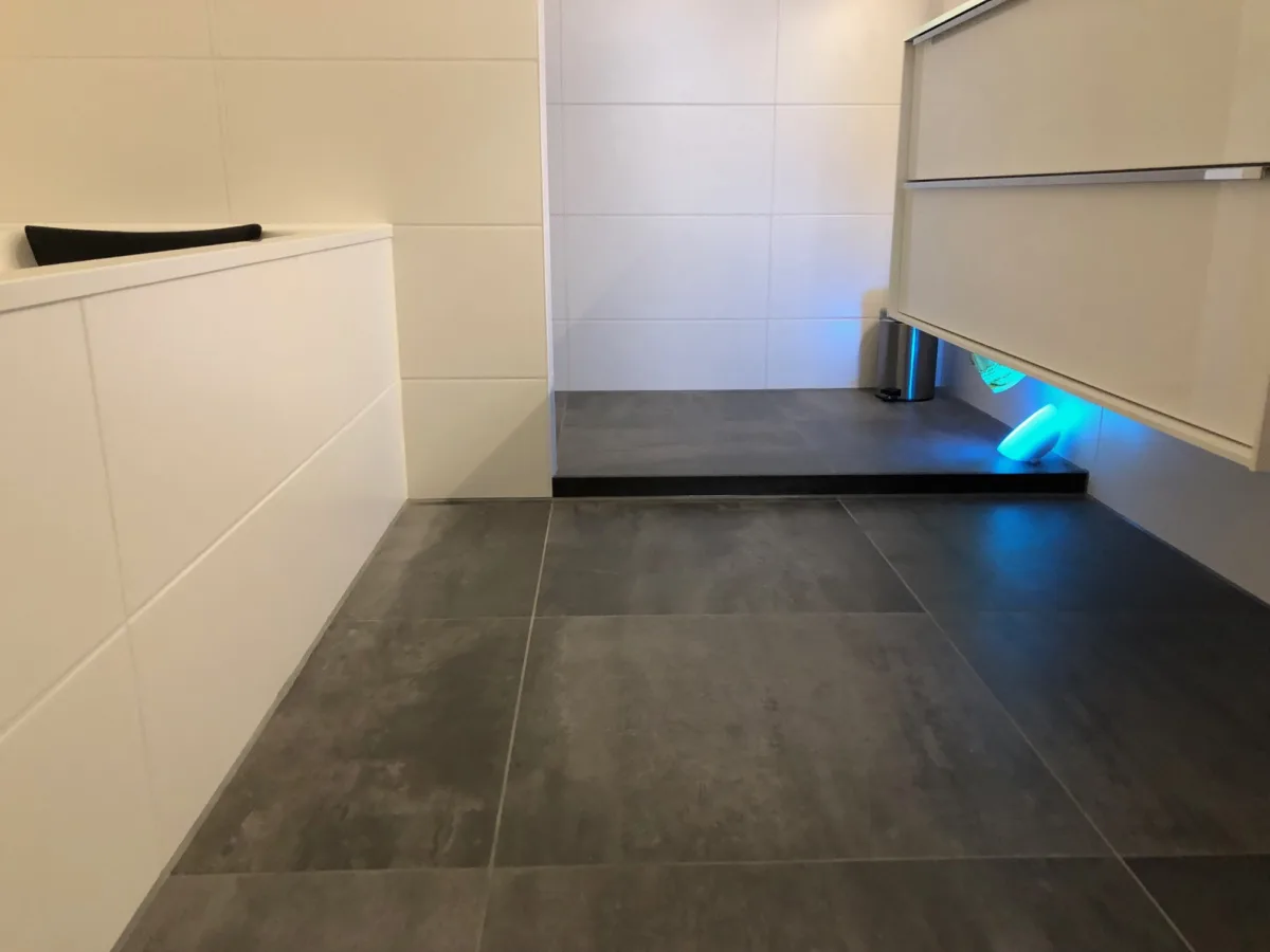 Inloopdouche, bad en glazen wastafel – modern stijl – Veenendaal (foto 2)