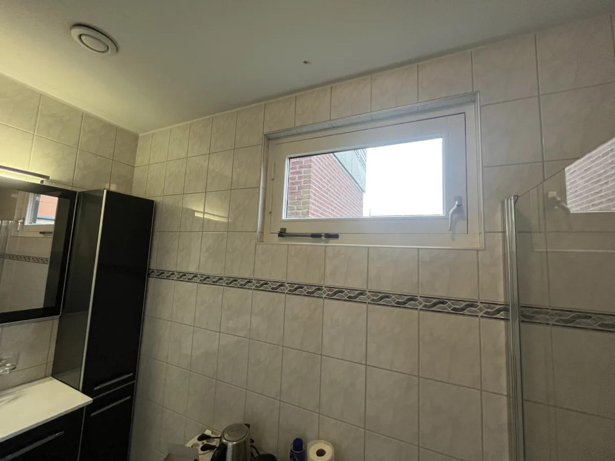 Badkamer met blauwe accenten en inloopdouche met grijs rookglas – modern stijl – Elst (foto 17)