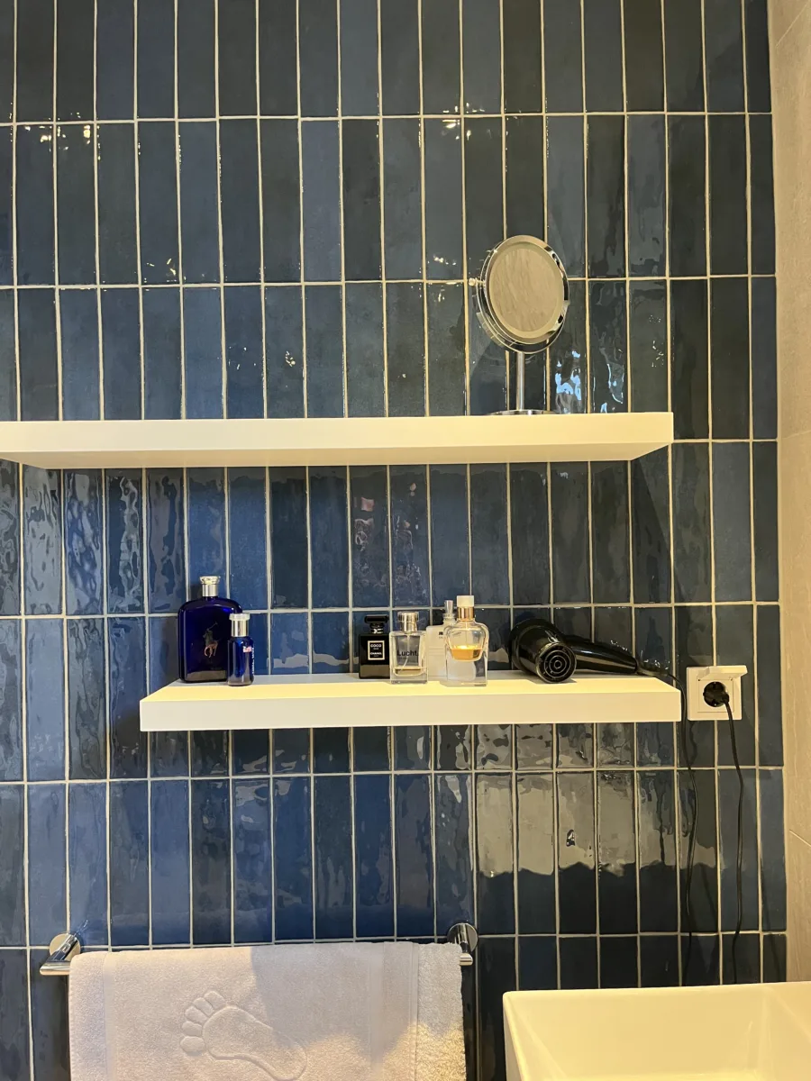 Badkamer met blauwe accenten en inloopdouche met grijs rookglas – modern stijl – Elst (foto 8)