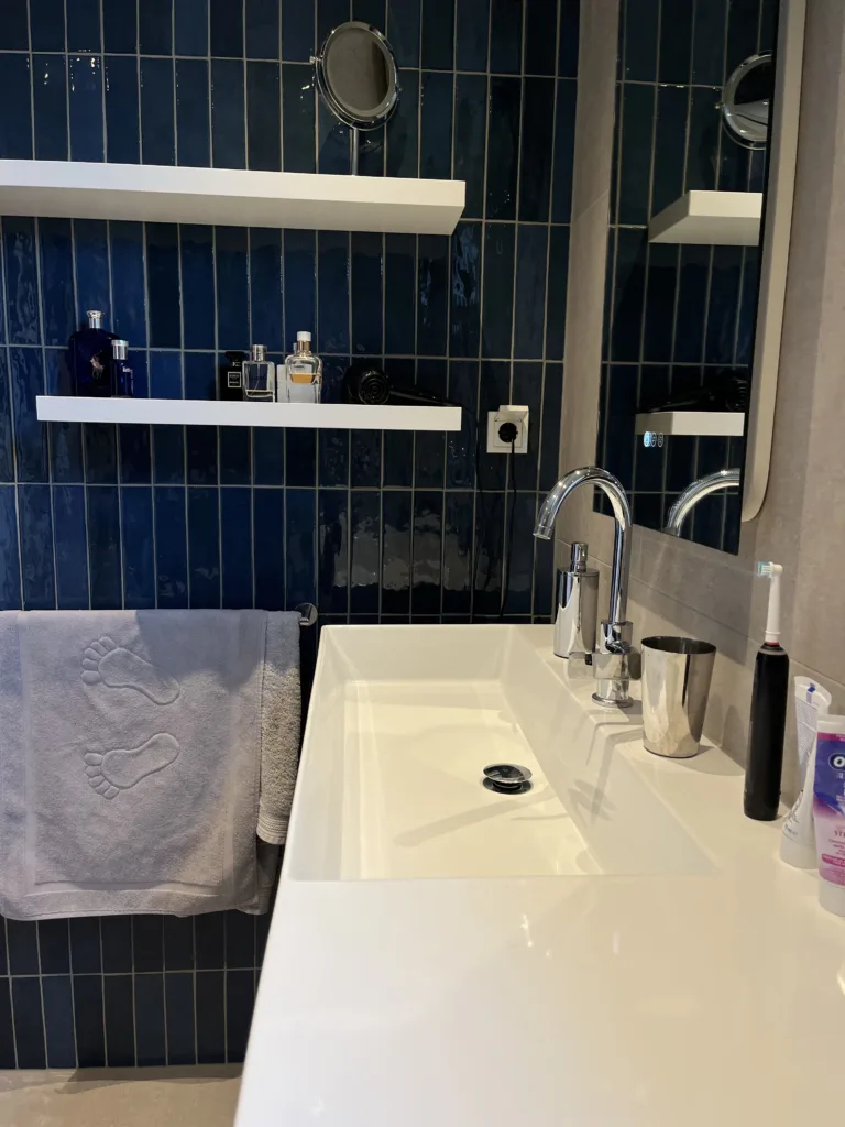 Badkamer met blauwe accenten en inloopdouche met grijs rookglas – modern stijl – Elst
