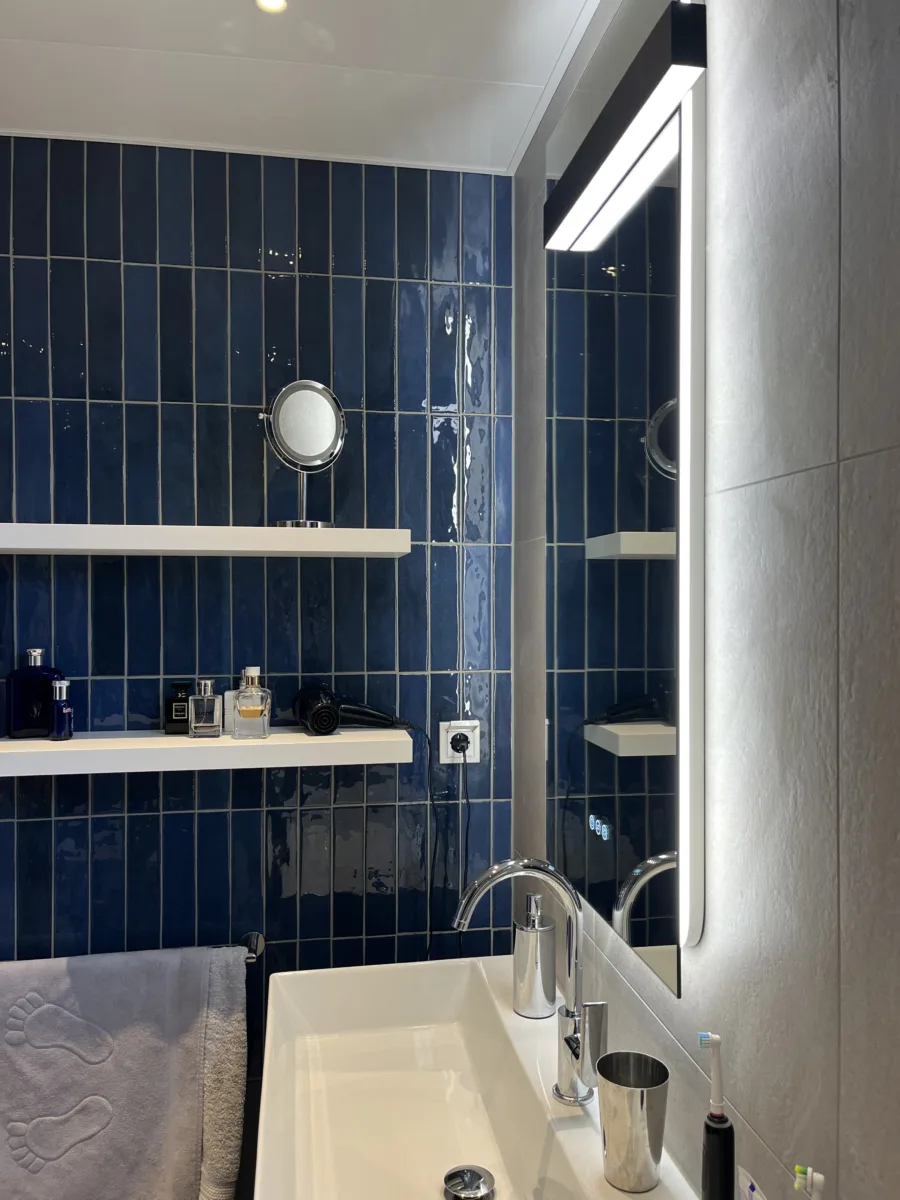 Badkamer met blauwe accenten en inloopdouche met grijs rookglas – modern stijl – Elst (foto 5)