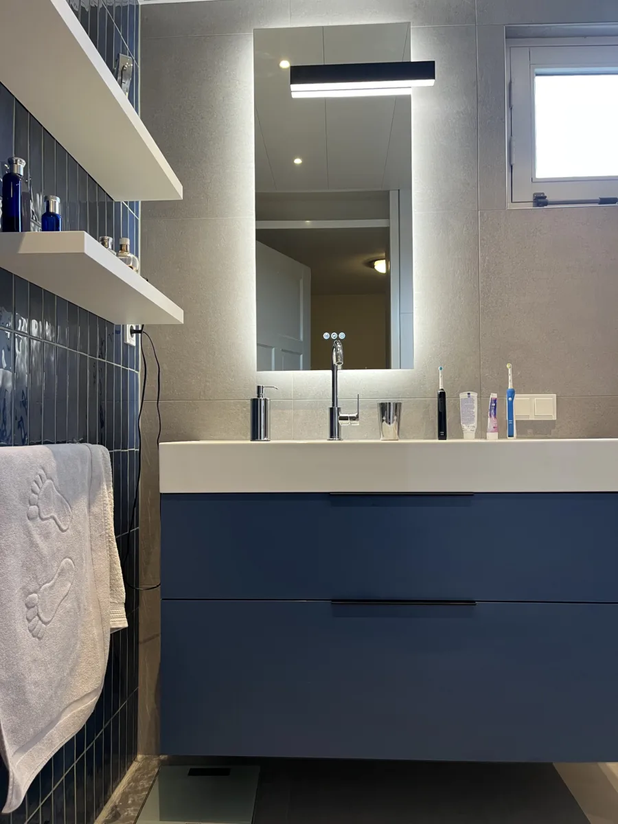Badkamer met blauwe accenten en inloopdouche met grijs rookglas – modern stijl – Elst (foto 3)