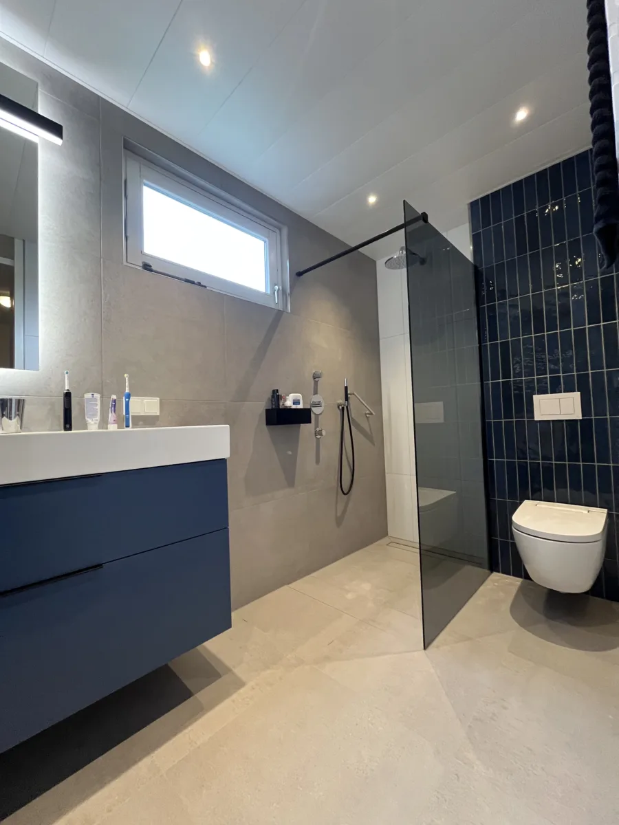Badkamer met blauwe accenten en inloopdouche met grijs rookglas – modern stijl – Elst