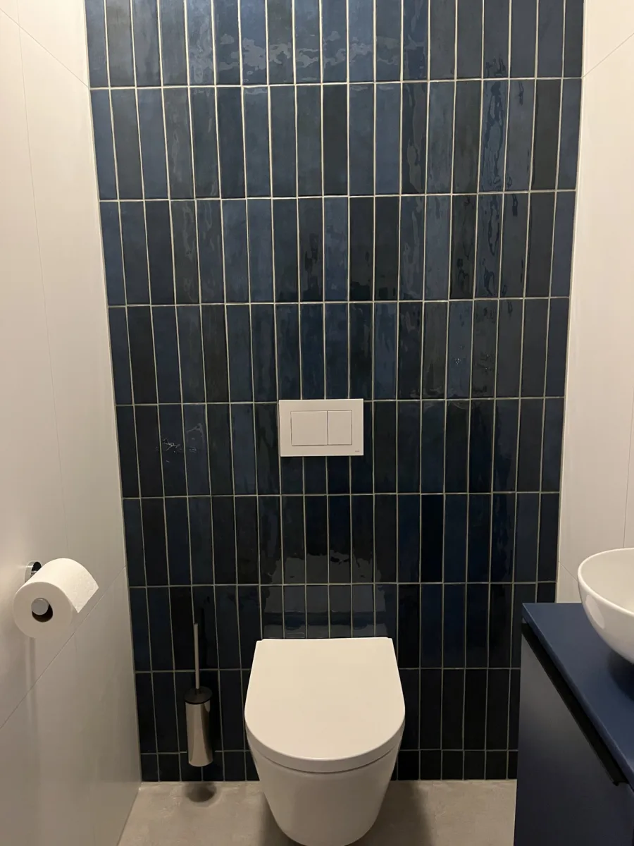 Badkamer met blauwe accenten en inloopdouche met grijs rookglas – modern stijl – Elst (foto 13)