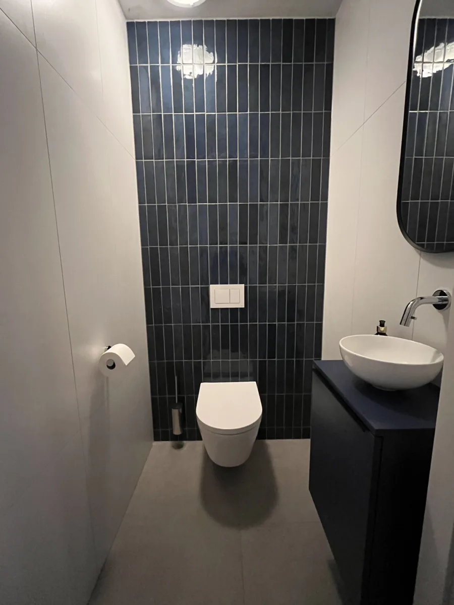 Badkamer met blauwe accenten en inloopdouche met grijs rookglas – modern stijl – Elst (foto 12)
