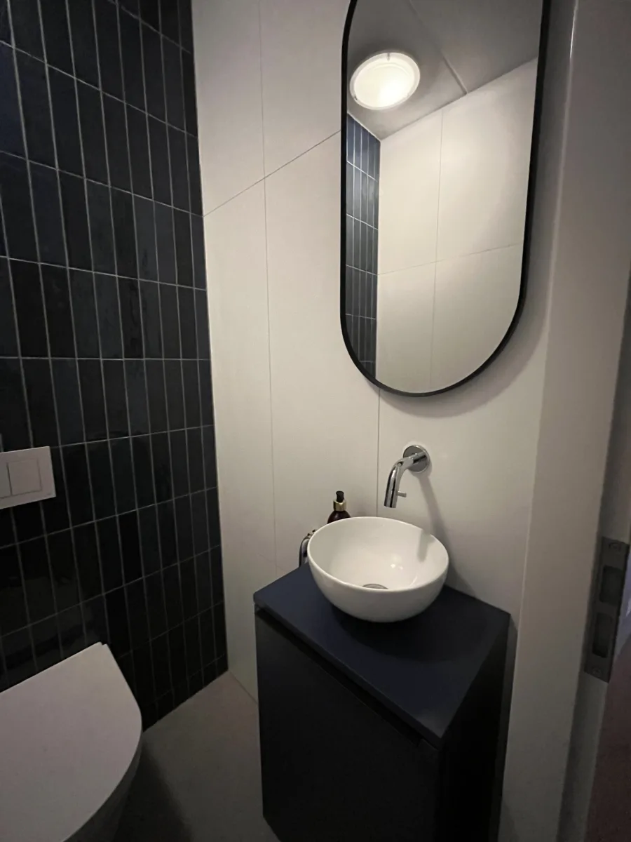 Badkamer met blauwe accenten en inloopdouche met grijs rookglas – modern stijl – Elst (foto 11)