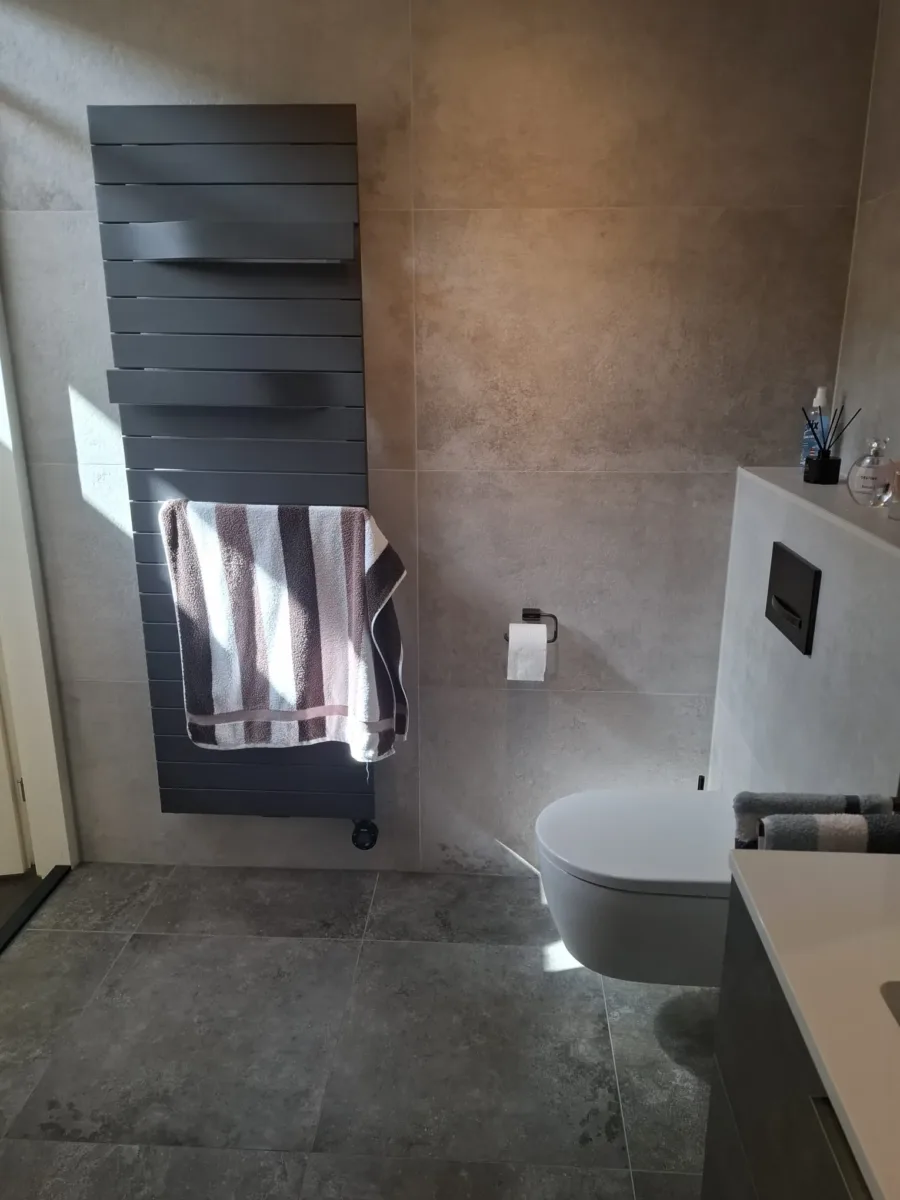 Badkamer met inloopdouche met beweegbaar deel – betonlook stijl – Veenendaal (foto 3)